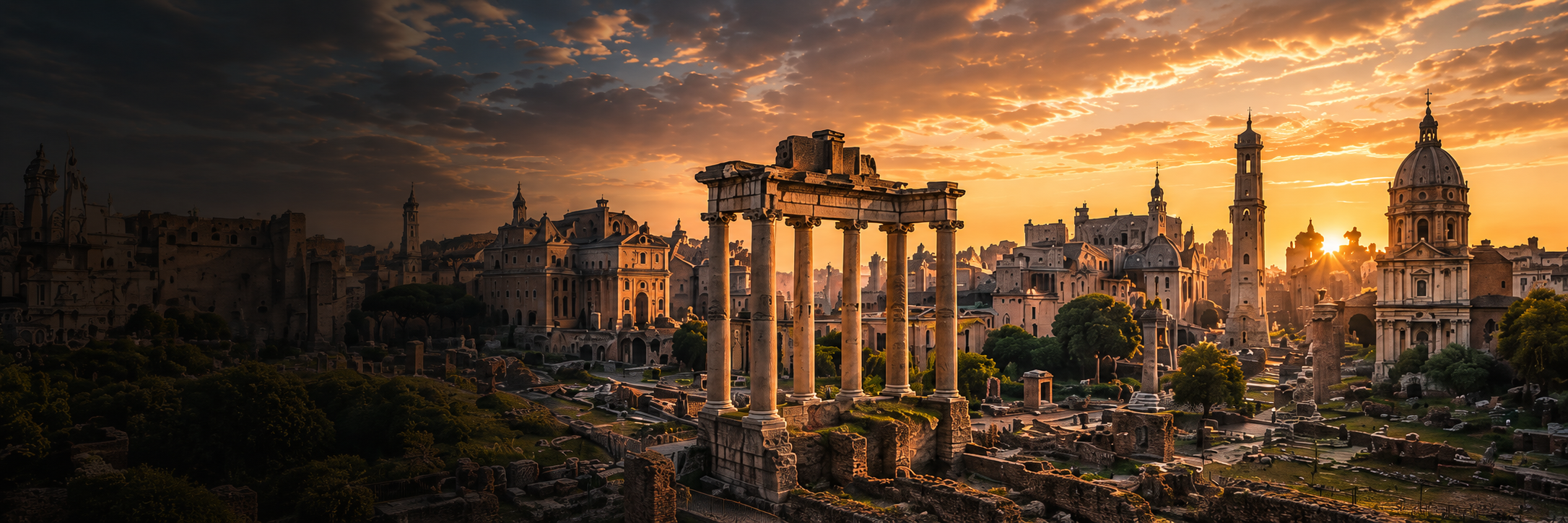 Golden sunset over the Roman Forum in Rome