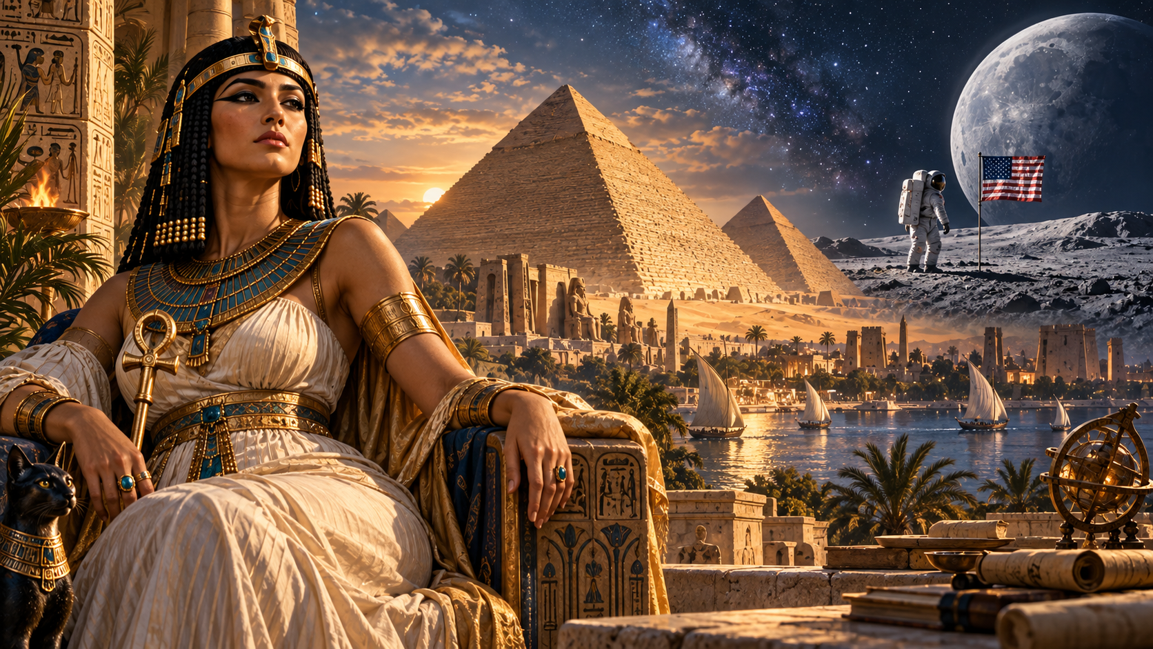 Cleopatra, the pyramids and the Moon represented across a historical timeline