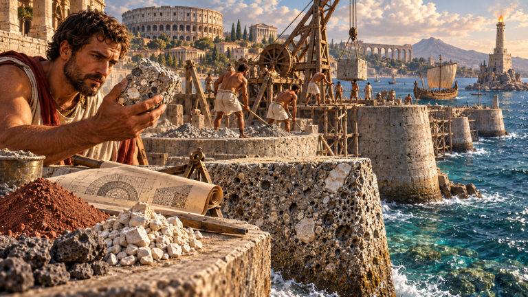 Ancient Roman builders working with durable concrete