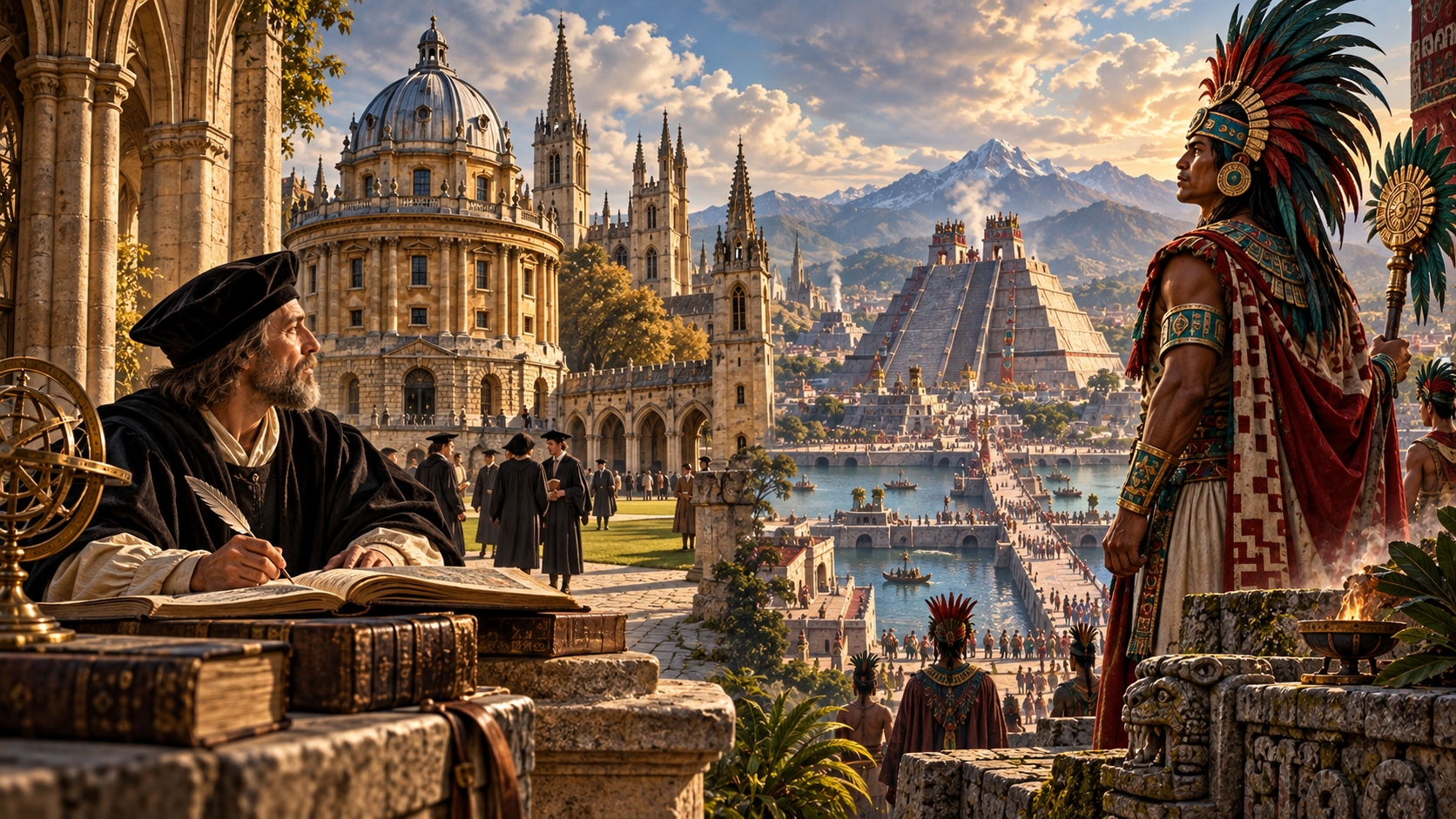 Oxford and the Aztec world shown side by side in a historical comparison