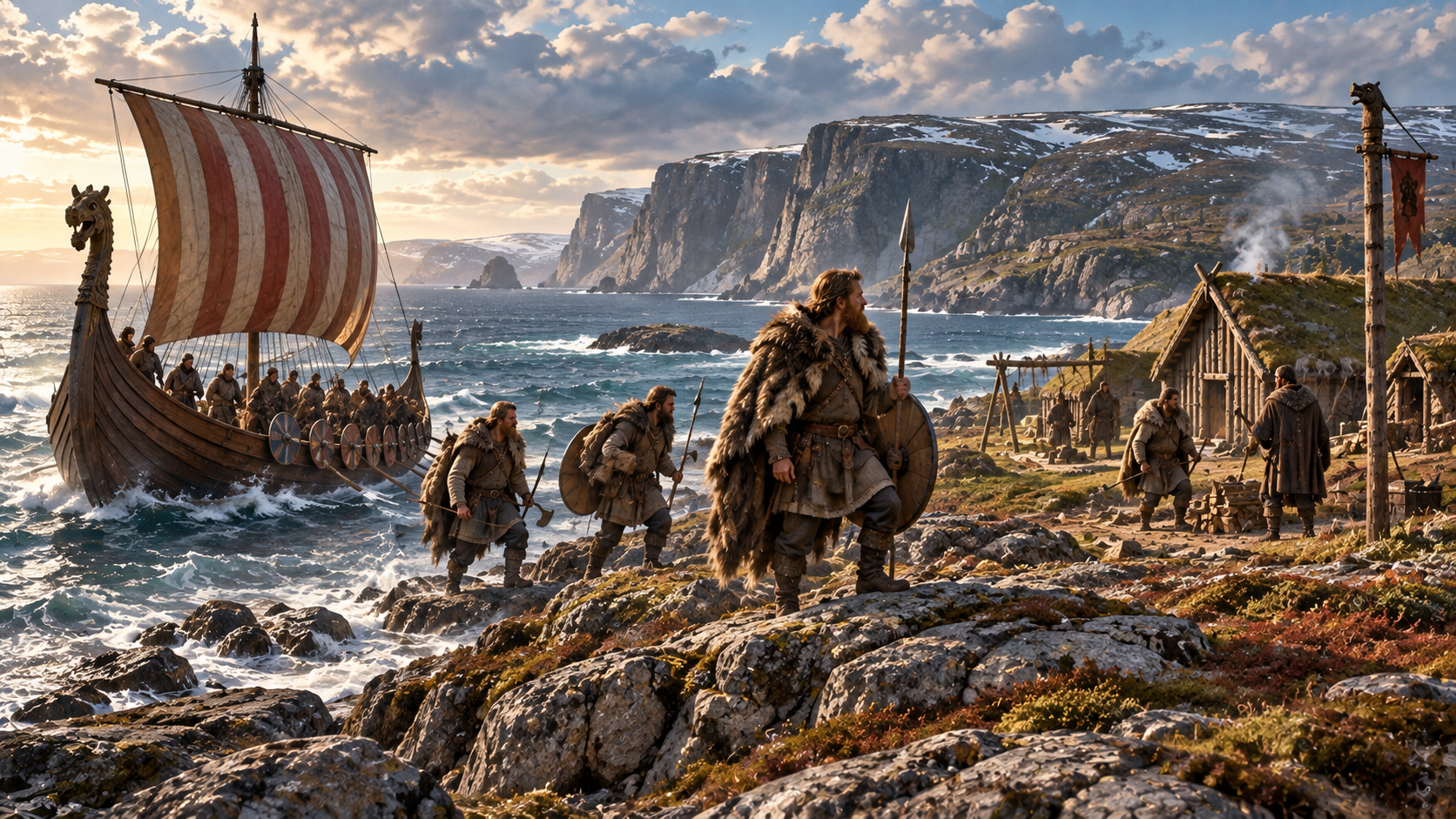 Norse explorers arriving on the coast of North America